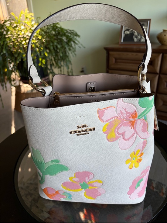 Coach Handbags - COACH White Floral Leather Shoulder Bag with Pink & Green Accents